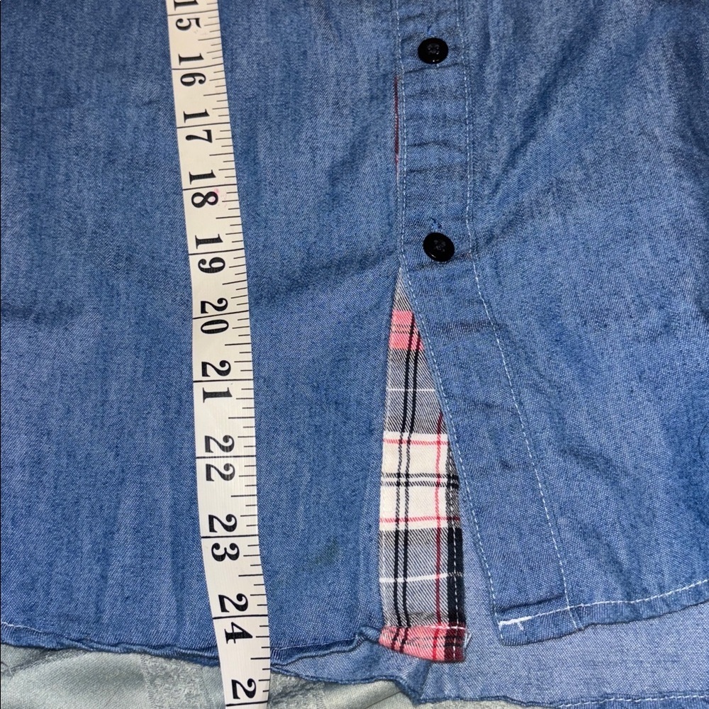 CACO STREETWEAR BLUE DENIM BUTTON DOWN WITH PLAID POCKET LIGHT WEIGHT DENIM - Picture 12 of 12